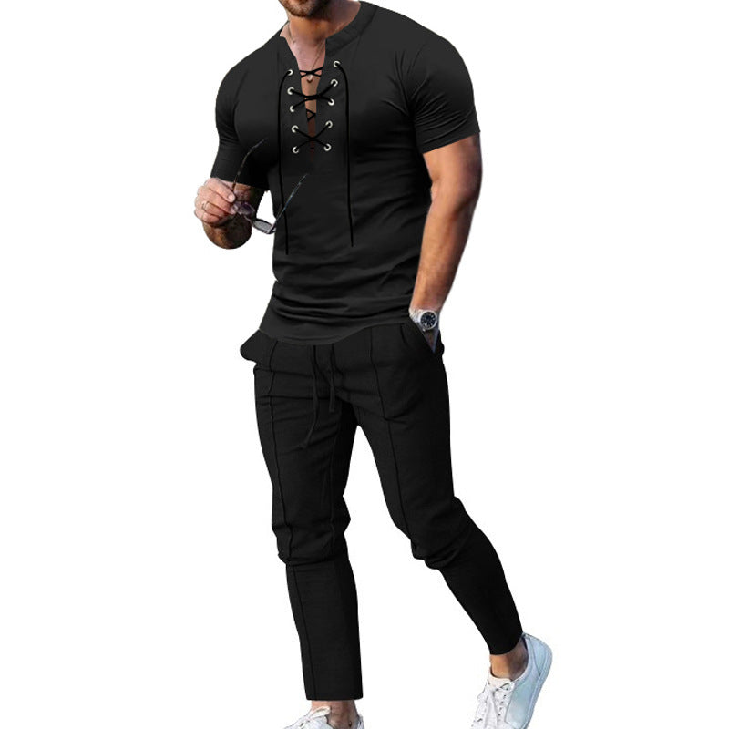 Herren Freizeit-Set mit lässigem Henley-Oberteil und modernen Jogginghosen Heidi-Mode