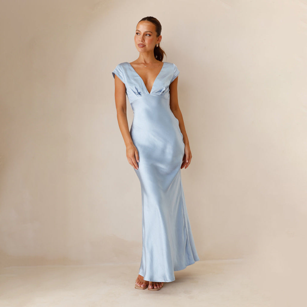 Damen langes Abendkleid mit schickem V-Ausschnitt und elegantem Fall Heidi-Mode