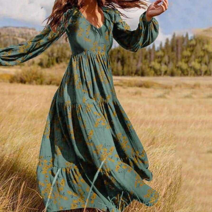 Damen Boho-Langarmkleid mit floralen Akzenten und schwingendem Saum Heidi-Mode