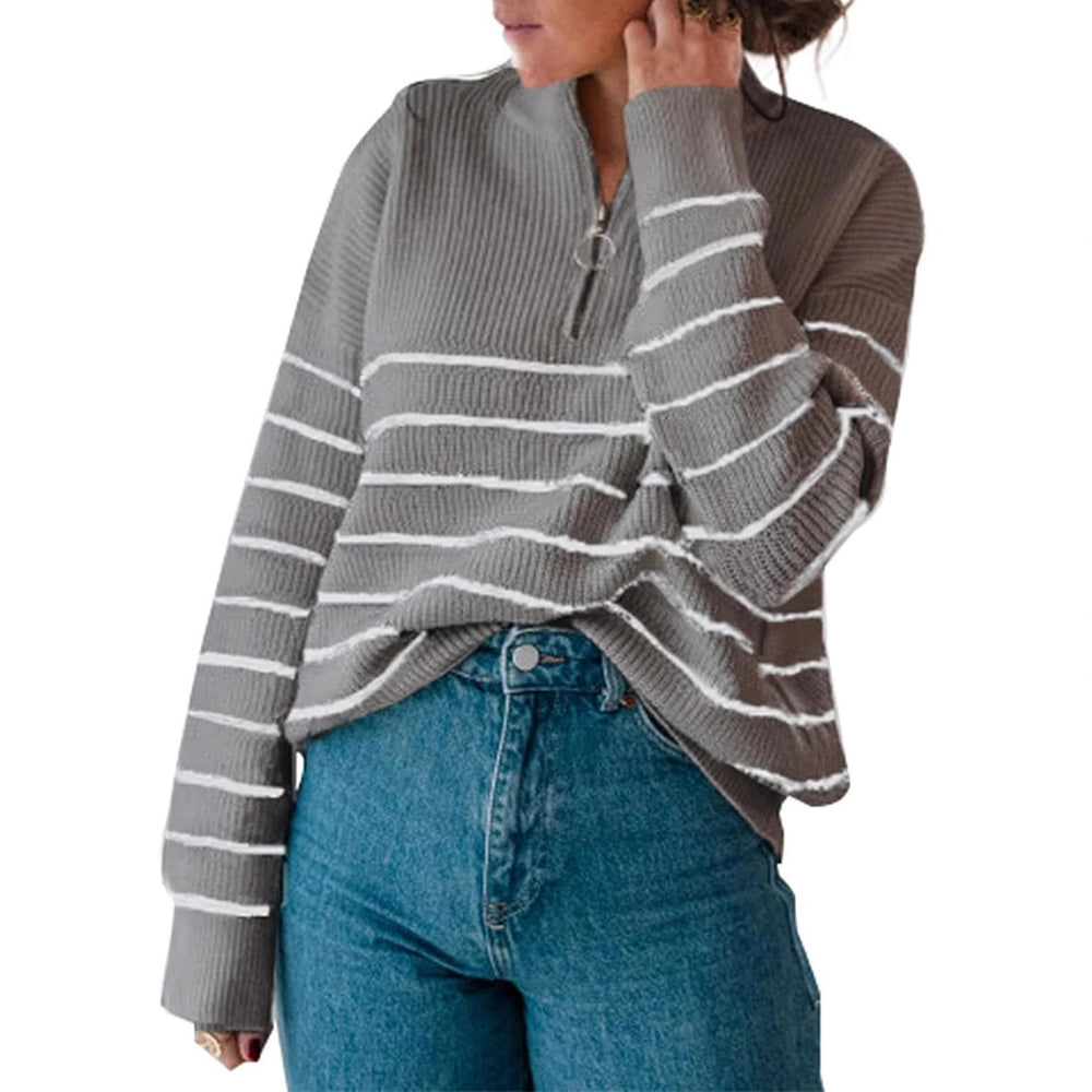 Damen lässiger Pullover mit kurzem Reißverschluss und Streifenmuster Heidi-Mode