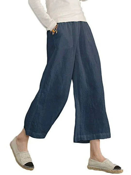 Damen weite Leinenhose mit seitlichen Taschen und elastischem Bund Heidi-Mode