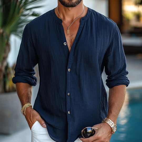 Herren leichte Langarmbluse mit Knopfleiste und bequemer Passform Heidi-Mode