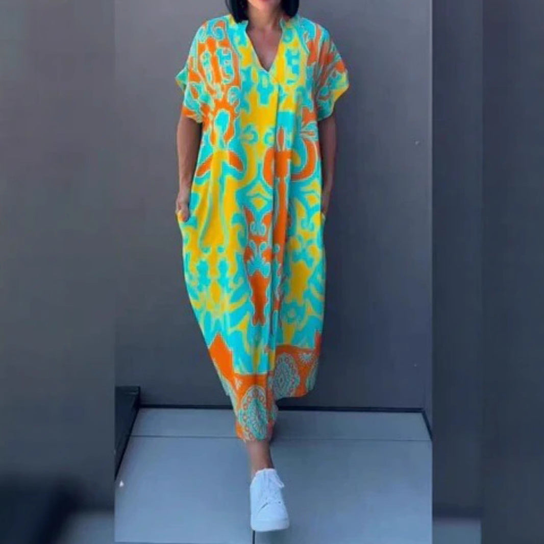 Damen Luftiges Freizeitkleid mit V-Ausschnitt und praktischen Taschen Heidi-Mode