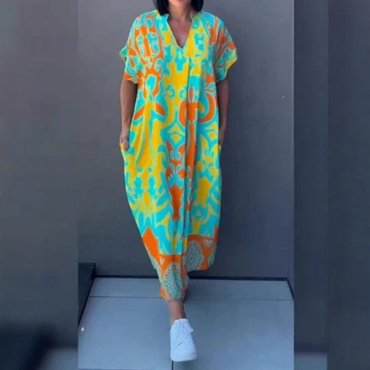 Damen Luftiges Freizeitkleid mit V-Ausschnitt und praktischen Taschen Heidi-Mode