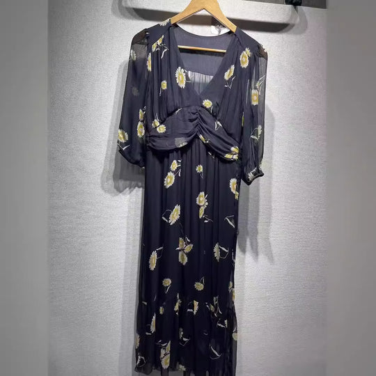 Damen Chiffon Kleid mit floralem Musterdruck und voluminösen Ärmeln Heidi-Mode