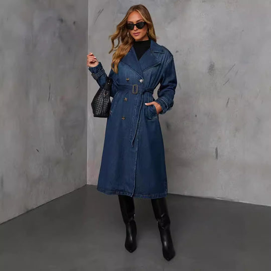 Damen Denim Trenchcoat mit Gürtel und praktischen Taschen Heidi-Mode