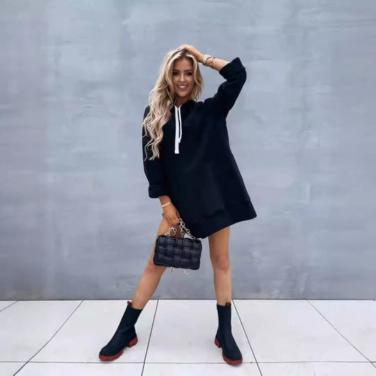Damen lässiges Kapuzenkleid mit praktischen Eingrifftaschen und seitlichen Schlitzen Heidi-Mode