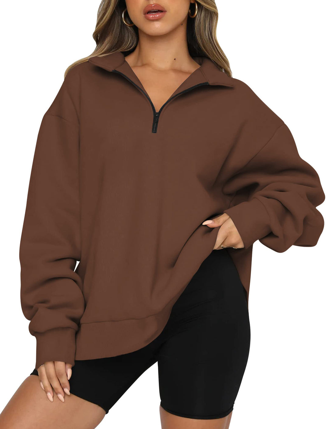 Damen Oversized Sweatshirt mit kurzem Reißverschluss und lässigem Schnitt Heidi-Mode