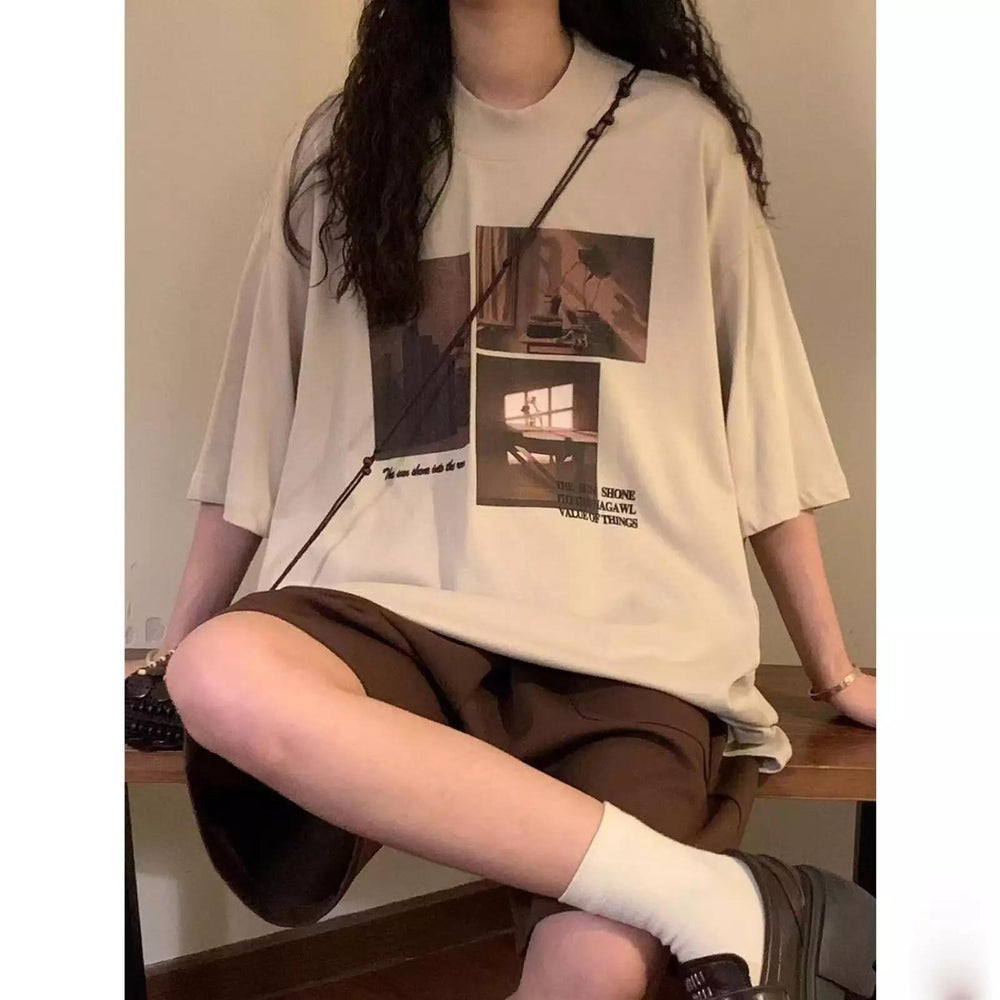 Damen modisches Kurzarm-T-Shirt mit kreativem Fotodruck und lockerer Passform Heidi-Mode