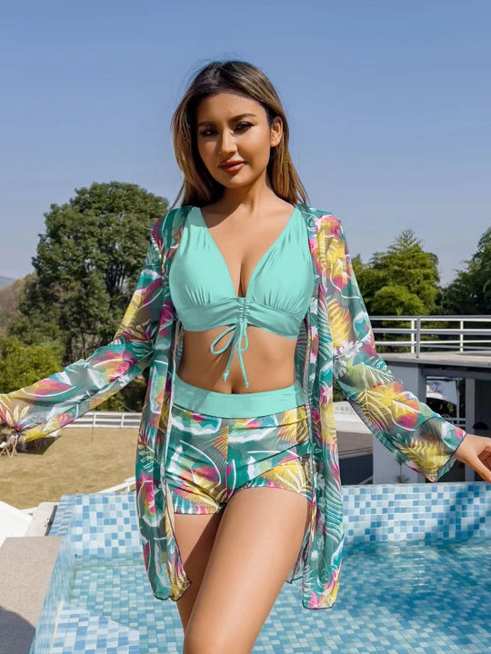 Damen Sportlicher Bikini mit modischen Shorts und transparentem Cover-Up Heidi-Mode