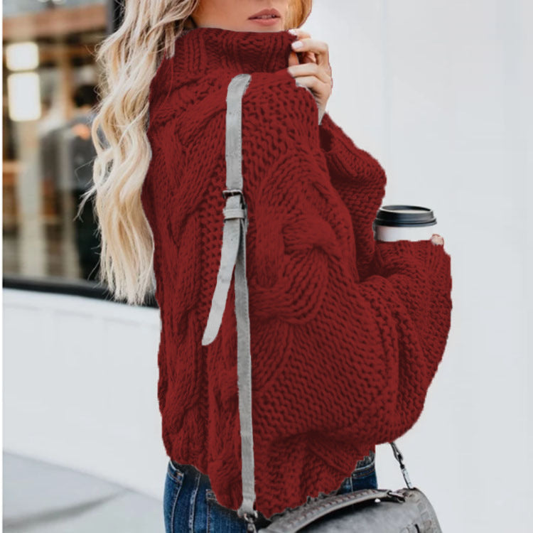 Damen Grobstrickpullover mit hohem Kragen und Zopfmuster Heidi-Mode
