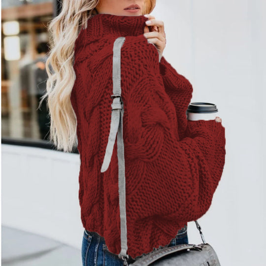 Damen Grobstrickpullover mit hohem Kragen und Zopfmuster Heidi-Mode