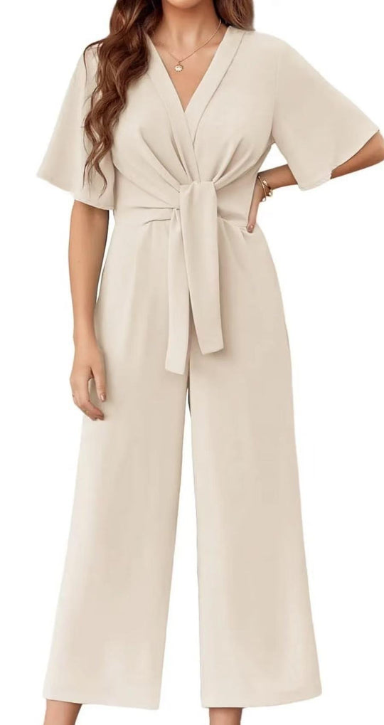 Damen eleganter Wickel-Jumpsuit mit weiten Beinen und Taillengürtel Heidi-Mode