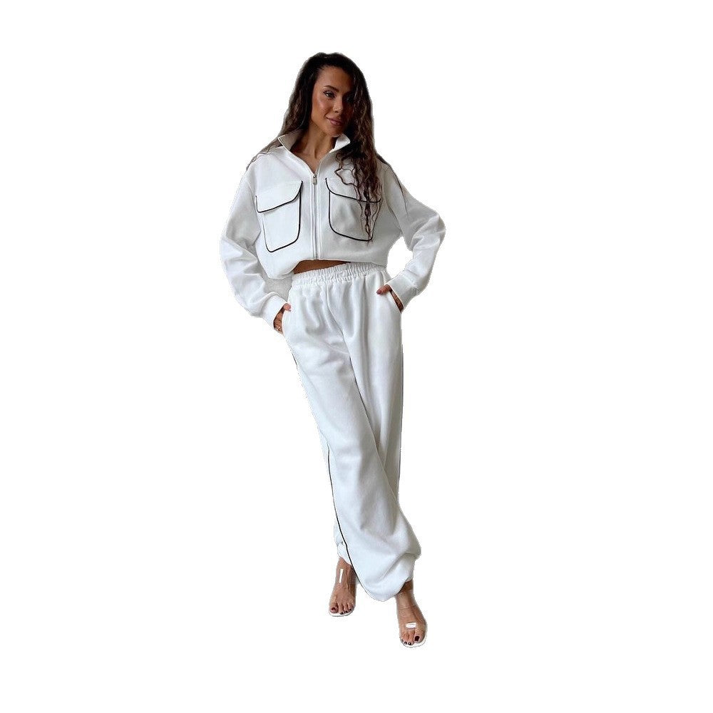 Damen lässiges Sport-Loungewear-Set mit praktischen Taschen und hohem Kragen Heidi-Mode