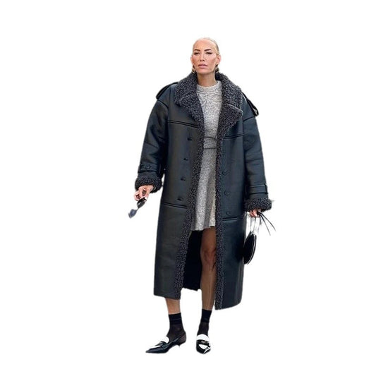 Damen Modischer Kunstleder-Mantel mit voluminösen Kragen und Gürtel Heidi-Mode