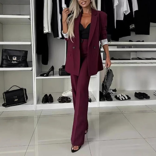 Damen elegantes und modernes Anzug-Set mit weitem Hosenbein und tailliertem Blazer Heidi-Mode