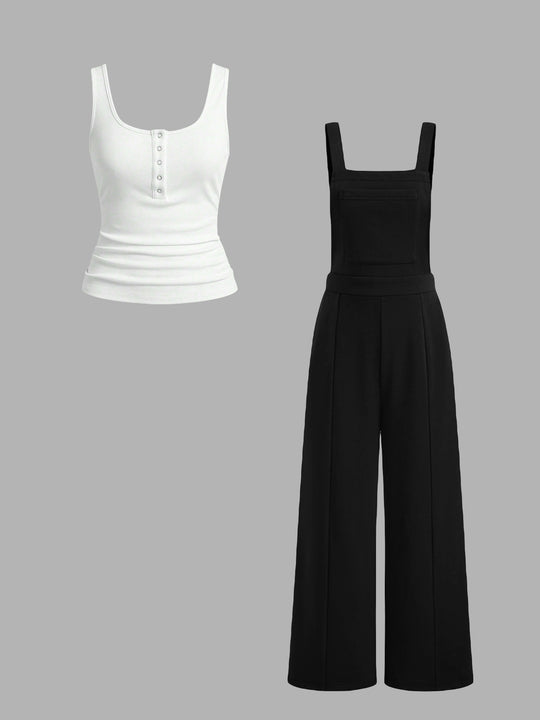 Damen lässiger Tank-Top und weit geschnittenen Latzhose Set Heidi-Mode