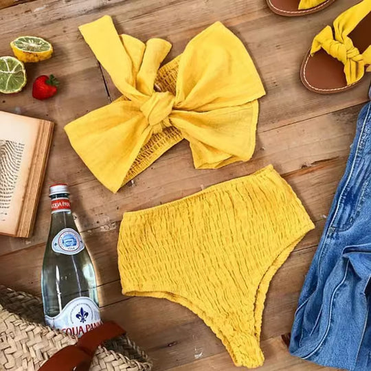 Damen Bandeau-Bikini mit strukturierter Textur und breitem Schleifen-Design Heidi-Mode