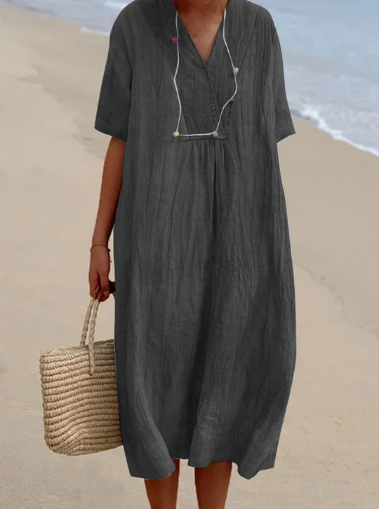 Damen lässiges Midi-Kleid mit V-Ausschnitt und bequemen Kurzärmeln Heidi-Mode