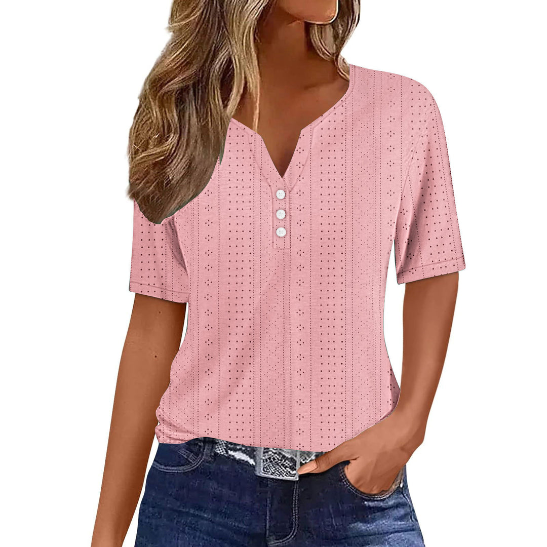 Damen Kurzarm Bluse mit Knopfdetails und feiner Lochmusterstruktur Heidi-Mode