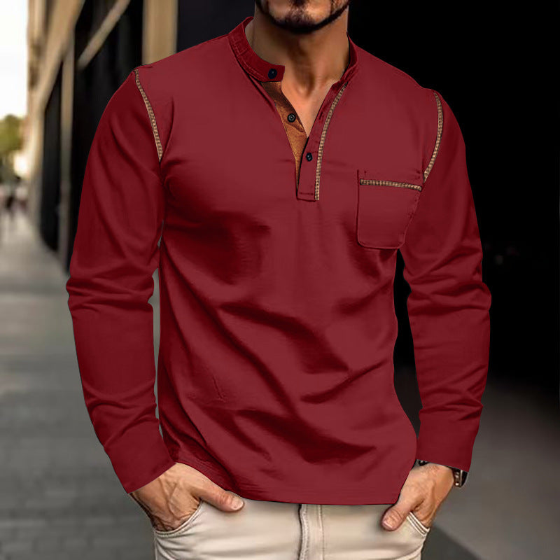 Herren Langarm-Henley-Shirt mit modernem Kragen und praktischer Brusttasche Heidi-Mode