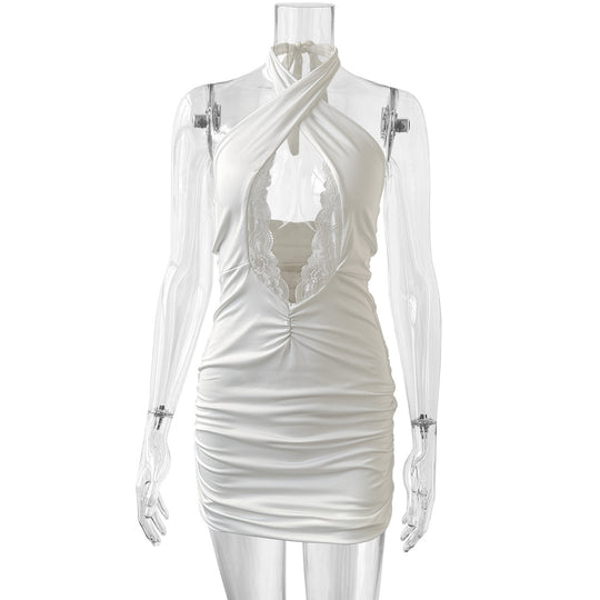 Damen sexy Minikleid mit raffiniertem V-Ausschnitt und Bindegurt Heidi-Mode