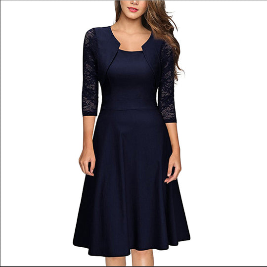 Damen Midi-Kleid mit Spitzenärmeln und schwingendem Rock Heidi-Mode