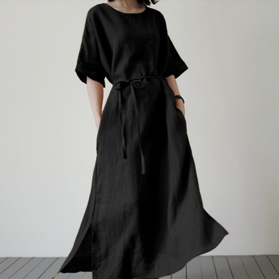 Damen Leinenmaxikleid mit weit geschnittenen Ärmeln und Taillengürtel Heidi-Mode