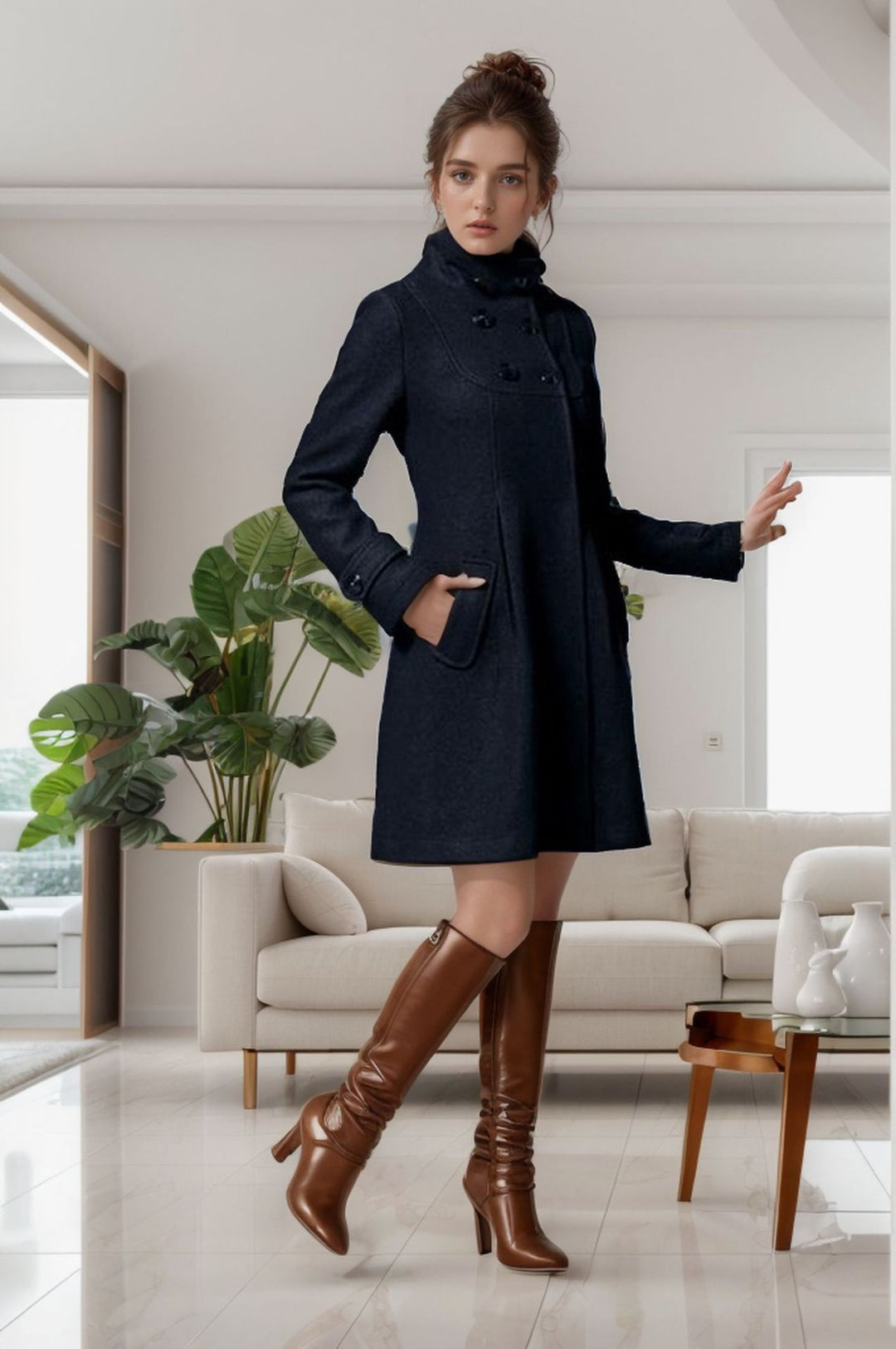 Damen eleganter Kapuzenmantel mit doppelter Knopfreihe und seitlichen Taschen Heidi-Mode