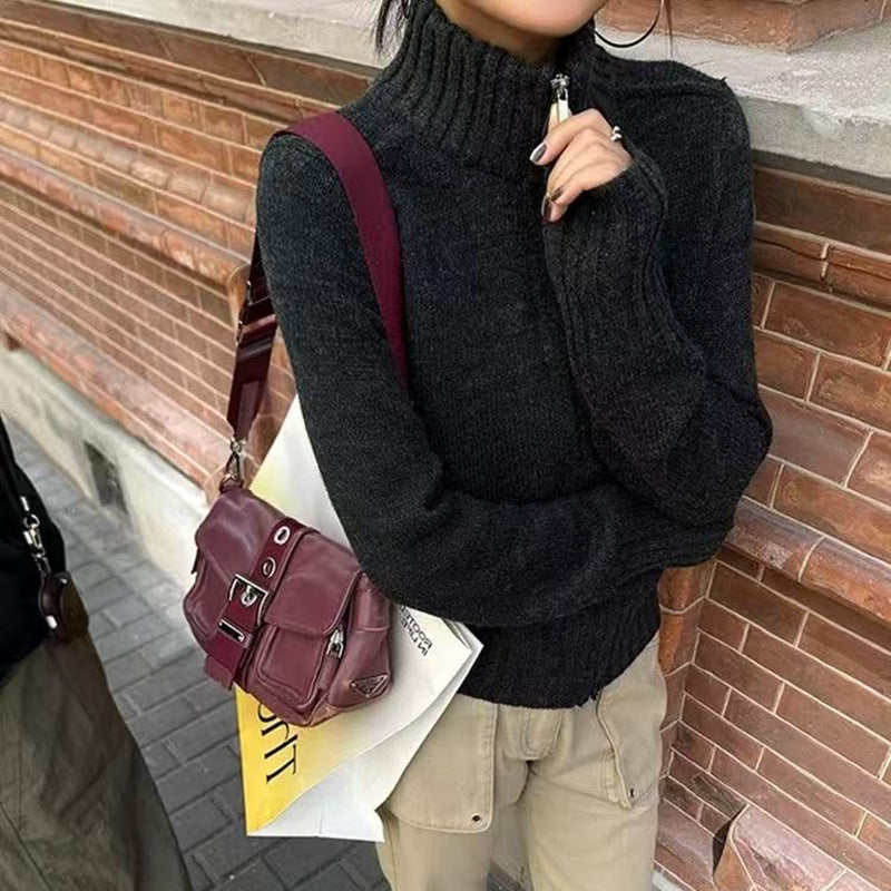 Damen Strickpullover mit hohem Stehkragen und Rippstruktur Heidi-Mode