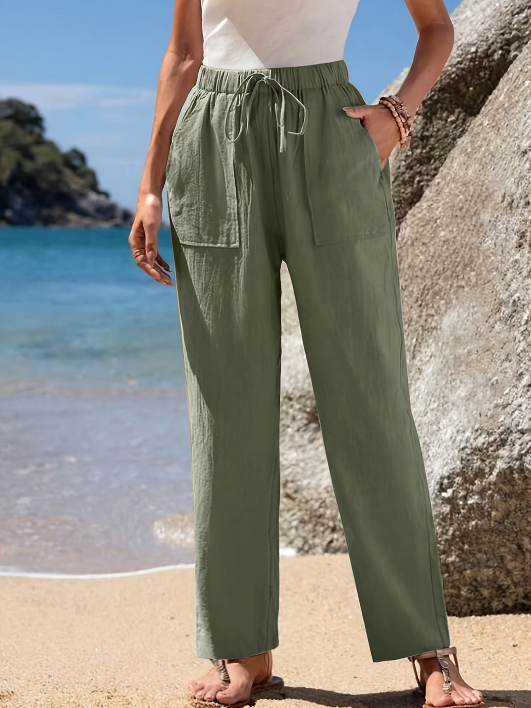 Damen Locker geschnittene Strandhose mit praktischen Taschen und elastischem Bund Heidi-Mode