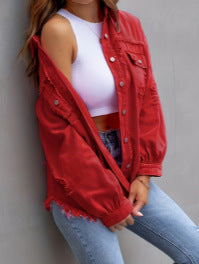 Damen Stylische Overshirt-Jacke mit fransigem Saum Heidi-Mode