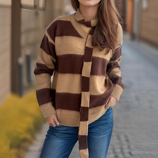 Damen lässiger Strickpullover mit modernem Streifenmuster und dekorativem Schal Heidi-Mode