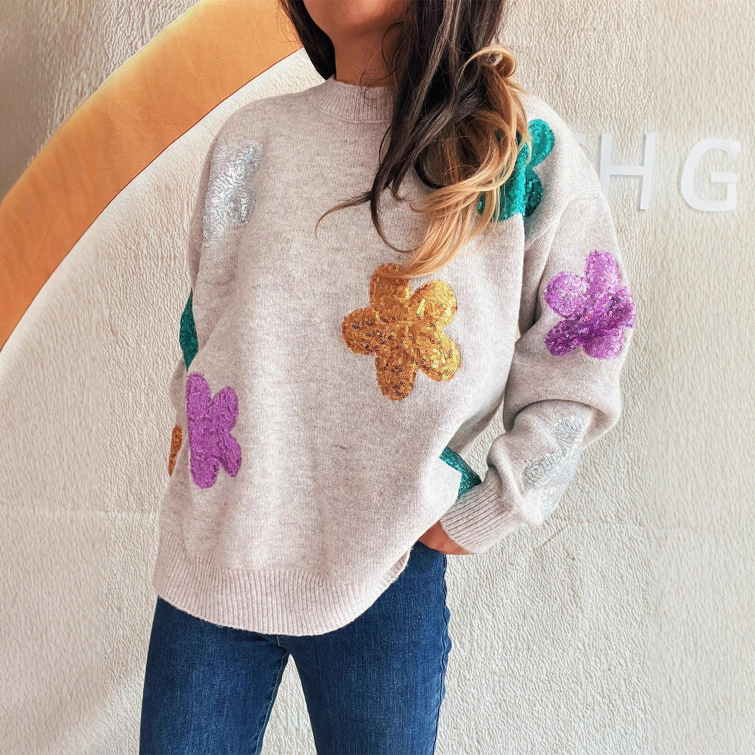 Damen Strickpullover mit bunten Funkelblumen Heidi-Mode
