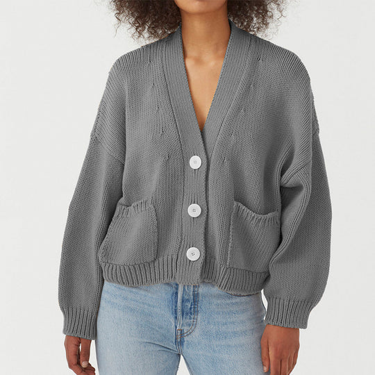 Damen lässiger Strickcardigan mit großen Taschen und Knopfverschluss Heidi-Mode