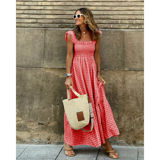 Damen Gingham Smocked Maxikleid mit Rüschensleeves Heidi-Mode