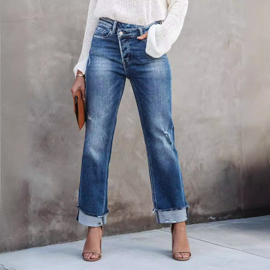 Damen lässige Flared Jeans mit modischen Fransen und hohem Bund Heidi-Mode