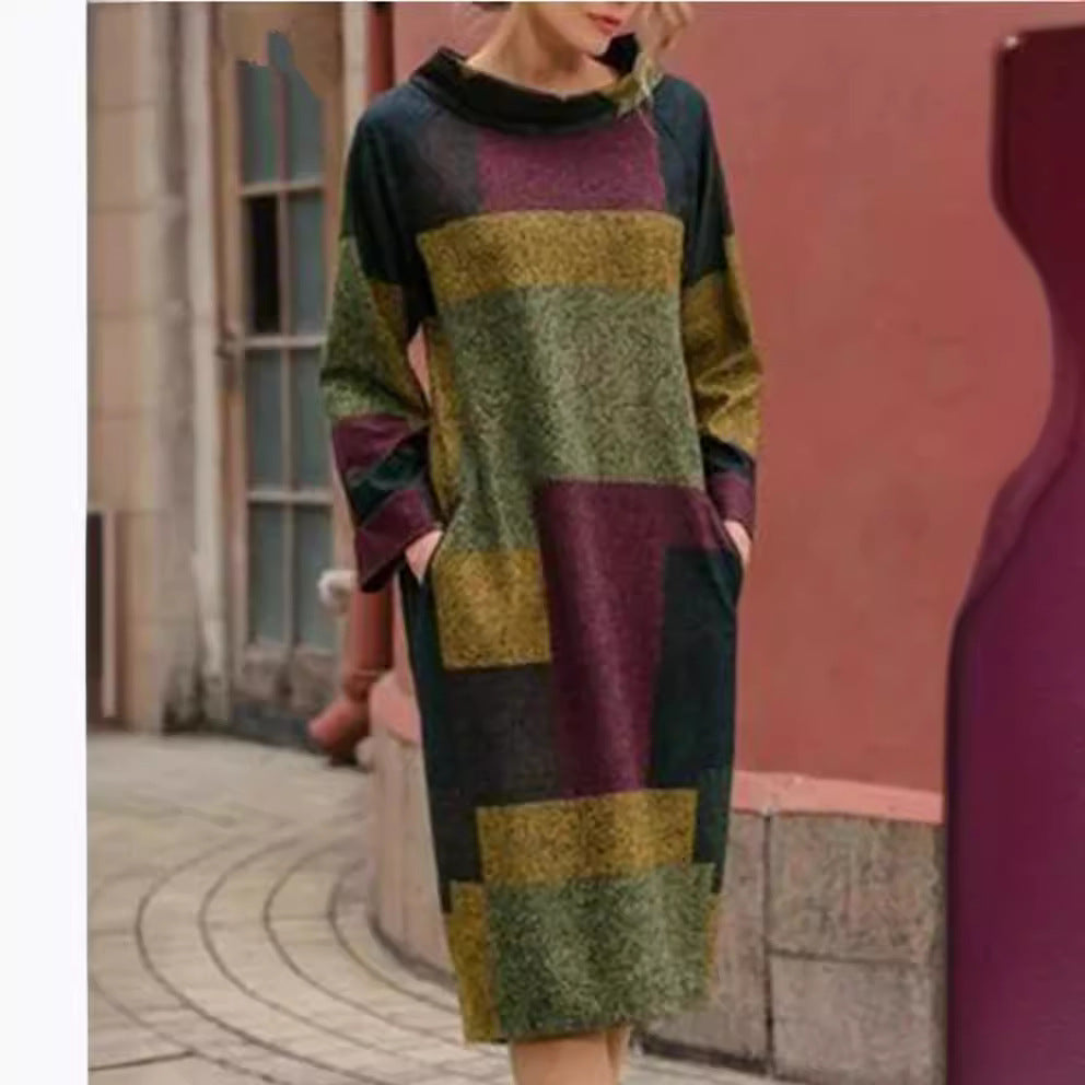 Damen Oversized Kleid mit geometrischem Patchwork-Design Heidi-Mode