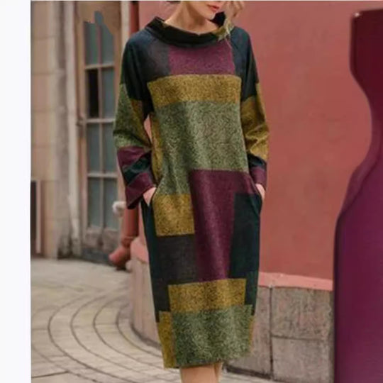Damen Oversized Kleid mit geometrischem Patchwork-Design Heidi-Mode