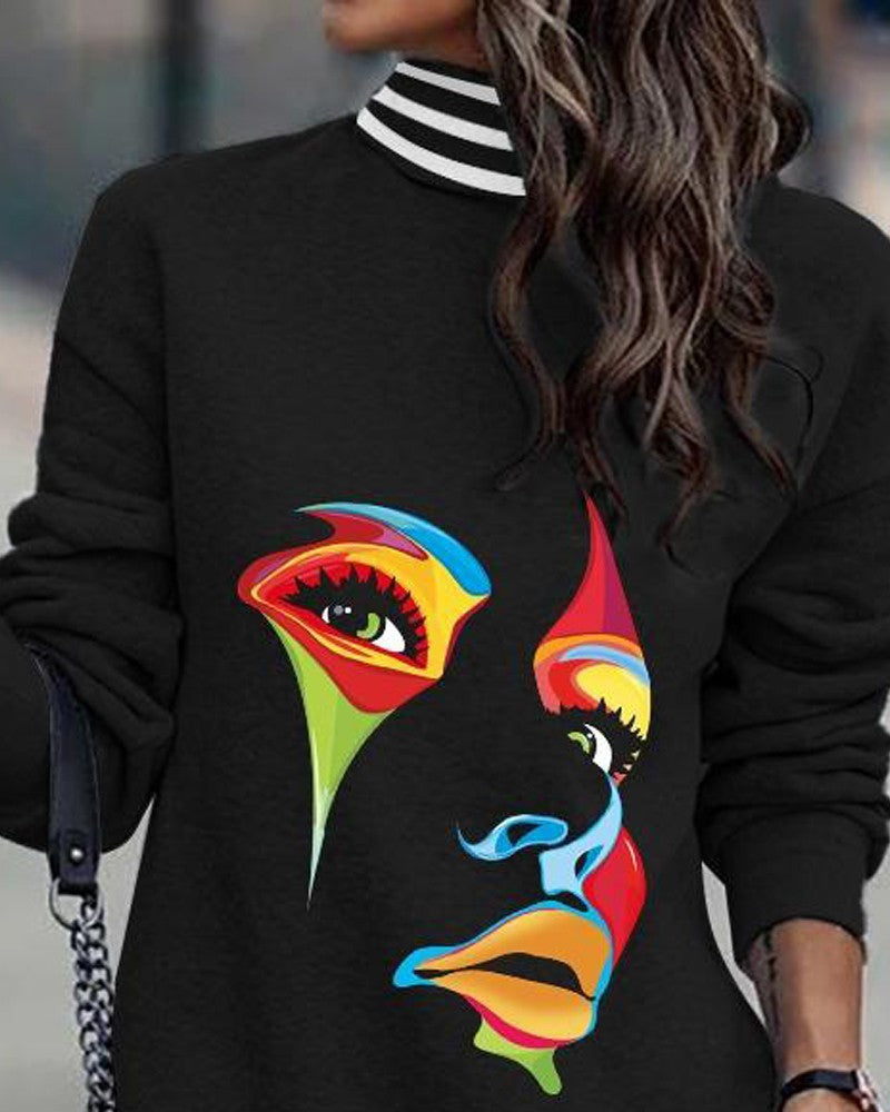 Damen modisches Sweatkleid mit hohem Kragen und grafischem Design Heidi-Mode