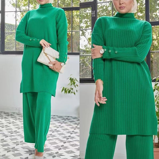 Damen lässiger Strickanzug mit Stehkragen und Knopfdetails Heidi-Mode