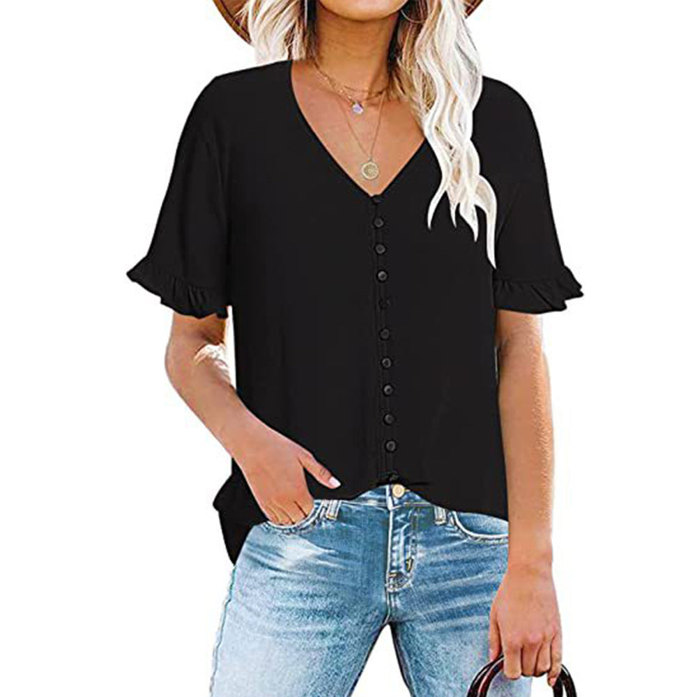 Damen Leichtes V-Ausschnitt Blusentop mit Rüschendetails Heidi-Mode