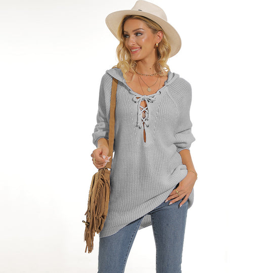 Damen lässiger Strickpullover mit einzigartigem Schnürdesign und lockerer Passform Heidi-Mode