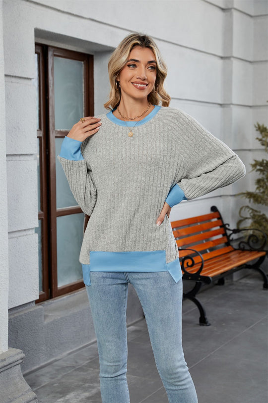 Damen lässiger Pullover mit kontrastierenden Ärmelabschlüssen und einzigartiger Textur Heidi-Mode