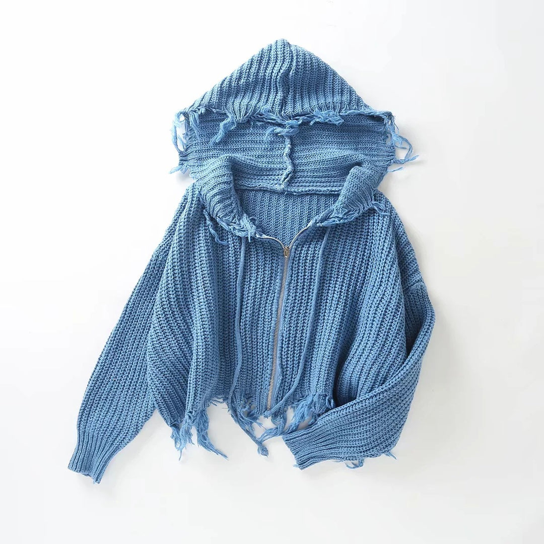 Damen lockerer Strickhoodie mit Übergroßer Kapuze und Fransen Heidi-Mode