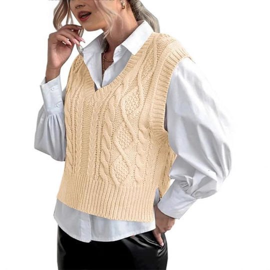 Damen Strickweste mit V-Ausschnitt und Zopfmuster Heidi-Mode