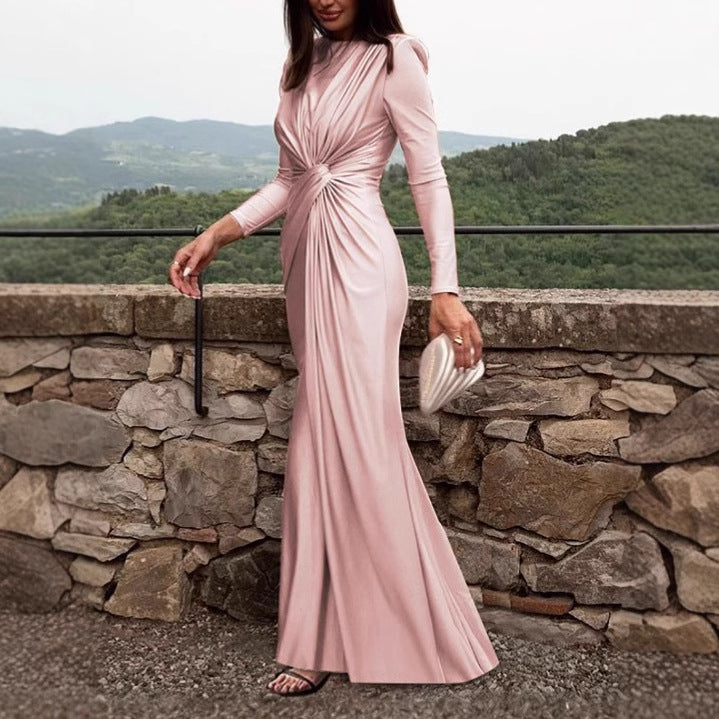 Damen Elegantes Longdress mit Raffung und hohem Kragen Heidi-Mode
