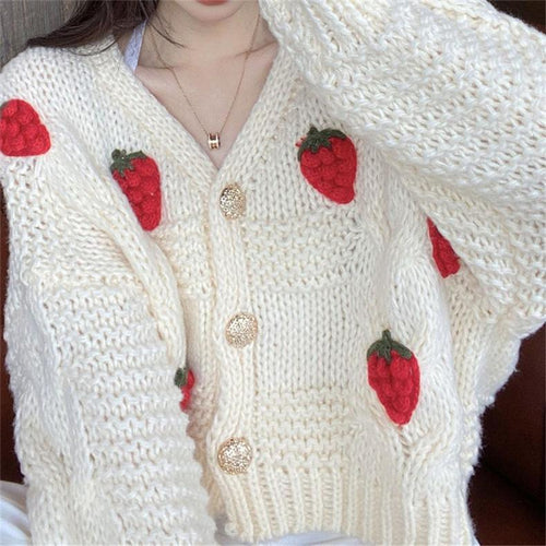Damen Grober Strickcardigan mit Blumenstickerei und funkelnden Knöpfen Heidi-Mode