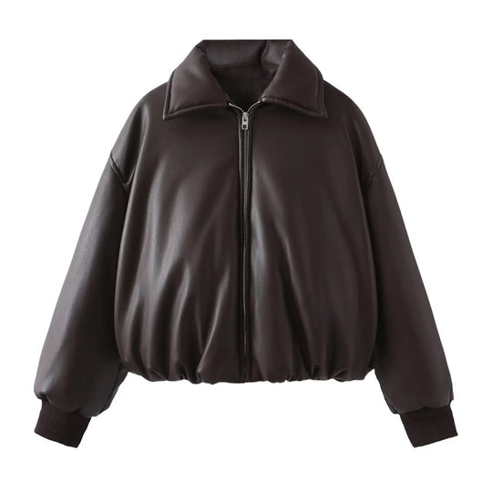 Damen lässige Boxy-Jacke aus weichem Kunstleder mit elastischem Bund Heidi-Mode