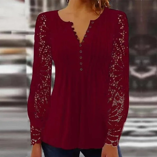 Damen Spitzenbluse mit eleganten Knopfdetails und voluminösen Ärmeln Heidi-Mode